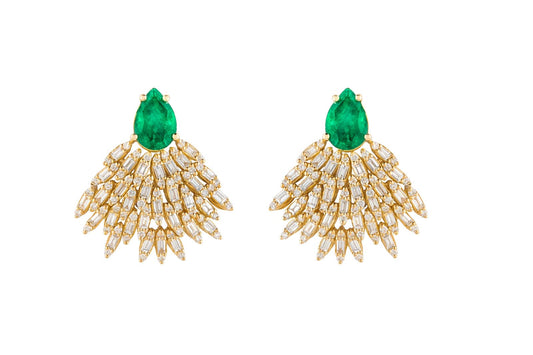 OneSeven Earrings In Yellow Gold With White Diamonds & Emeralds