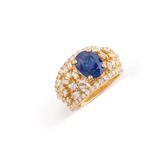 GAIA Ring In Yellow Gold With White Diamond & Blue Sapphire