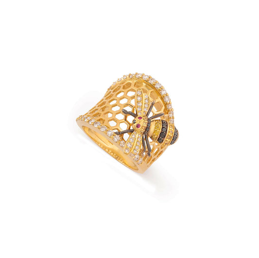 GAIA Ring In Yellow Gold With White , Black & Yellow Diamond
