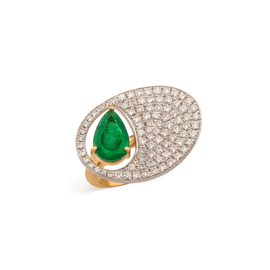 OneSeven Ring in Yellow Gold With White Diamond and an Emerald