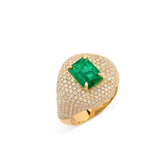 OneSeven Ring In Yellow Gold With Middle Stone Emerald & White Diamonds