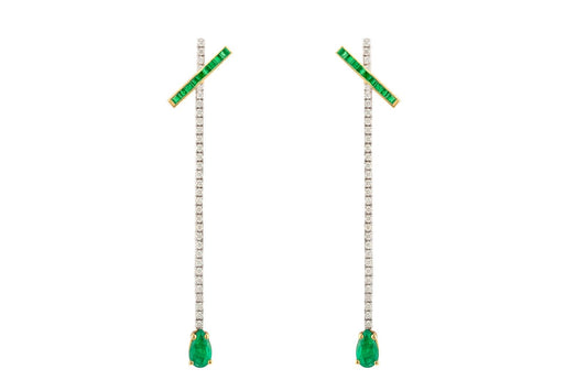 OneSeven Earrings In White & Yellow Gold With White Diamonds & Eemeralds